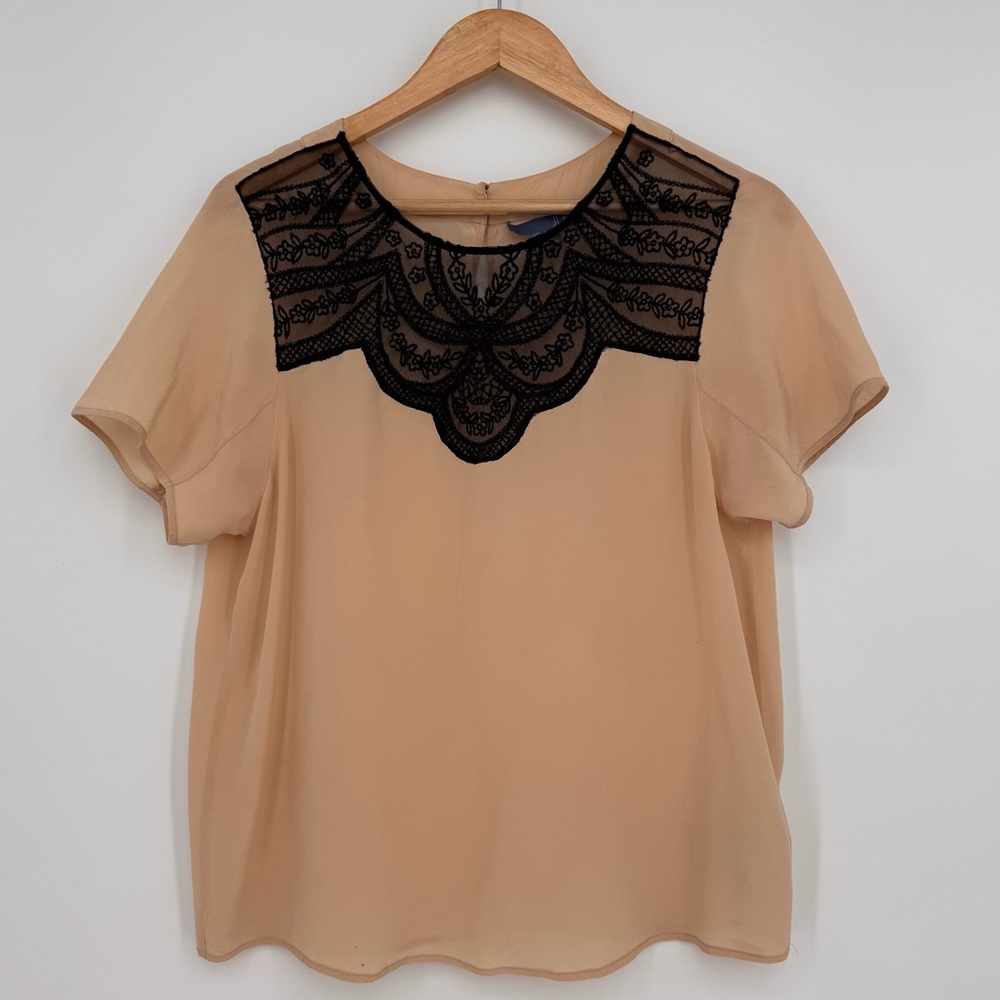 Anthropologie Lil Jukka Short Sleeve Silk Lace Top Cream Black Size Small